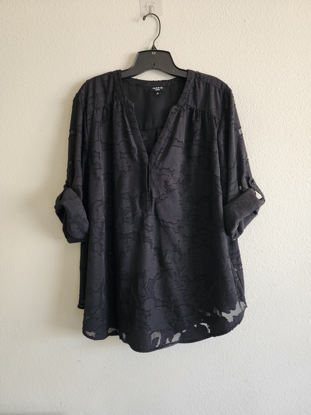 torrid Black Textured Split-Neck Roll-Tab Blouse